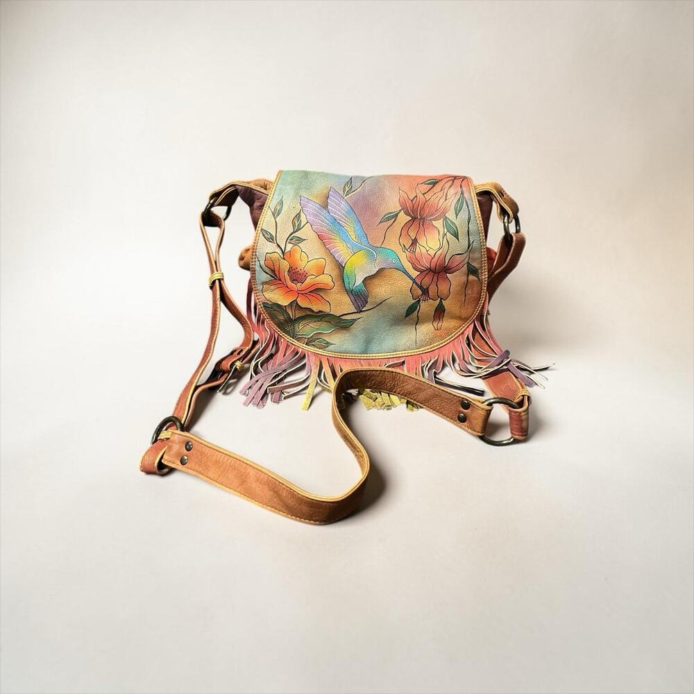 Anuschka Crossbody Bag crafted from genuine leather featuring hand-painted Bird